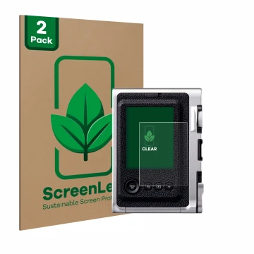 Front side of a product packaging with the brand logo ScreenLeaf. Next to it is the device Fujifilm Instax Mini Evo shown with