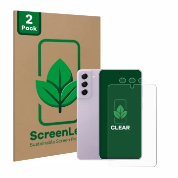 Front side of a product packaging with the brand logo ScreenLeaf. Next to it is the device Samsung Galaxy S21 FE 5G (Front+Cam