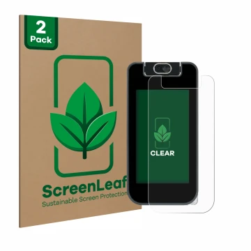 Front side of a product packaging with the brand logo ScreenLeaf. Next to it is the device Vtech Kidicom Advance 3.0 shown wit