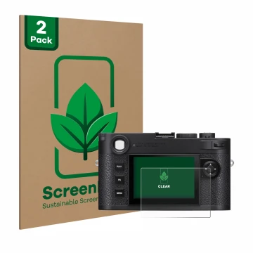 Front side of a product packaging with the brand logo ScreenLeaf. Next to it is the device Leica M11 shown with the correspond
