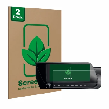 Front side of a product packaging with the brand logo ScreenLeaf. Next to it is the device Hyundai i20N 2021 Infotainment Syst