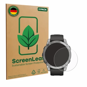 Front side of a product packaging with the brand logo ScreenLeaf. Next to it is the device Garmin Fenix 7 (47 mm) shown with t
