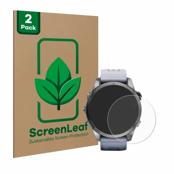 Front side of a product packaging with the brand logo ScreenLeaf. Next to it is the device Garmin Fenix 7S (42 mm) shown with 