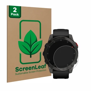 Front side of a product packaging with the brand logo ScreenLeaf. Next to it is the device Garmin epix (Gen. 2) shown with the