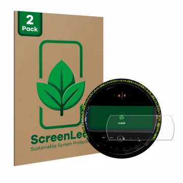 Front side of a product packaging with the brand logo ScreenLeaf. Next to it is the device Mini Cooper 2021 Infotainment Syste