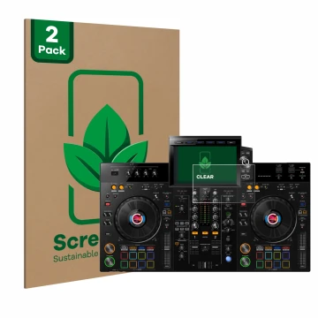 Front side of a product packaging with the brand logo ScreenLeaf. Next to it is the device Pioneer XDJ-RX3 shown with the corr