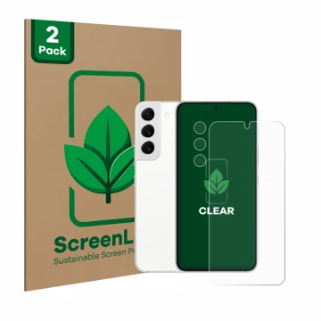 Front side of a product packaging with the brand logo ScreenLeaf. Next to it is the device Samsung Galaxy S22 5G (Front+Camera