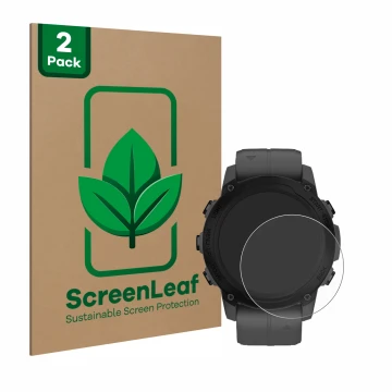 Front side of a product packaging with the brand logo ScreenLeaf. Next to it is the device Garmin Descent G1 shown with the co