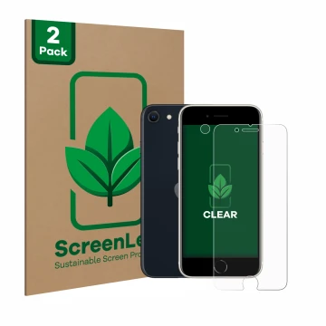 Front side of a product packaging with the brand logo ScreenLeaf. Next to it is the device Apple iPhone SE 3 2022 (Front+Camer
