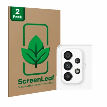 Front side of a product packaging with the brand logo ScreenLeaf. Next to it is the device Samsung Galaxy A53 5G (ONLY Camera 