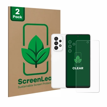 Front side of a product packaging with the brand logo ScreenLeaf. Next to it is the device Samsung Galaxy A53 5G (Front+Camera