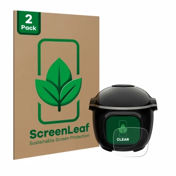 Front side of a product packaging with the brand logo ScreenLeaf. Next to it is the device Krups Cook4me Touch Wifi shown with