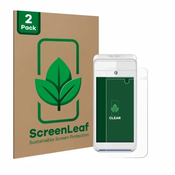 Front side of a product packaging with the brand logo ScreenLeaf. Next to it is the device Pax A920 shown with the correspondi