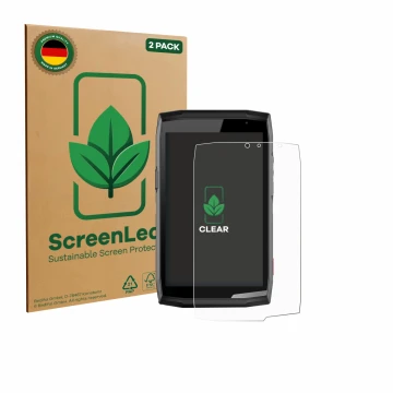 Front side of a product packaging with the brand logo ScreenLeaf. Next to it is the device Crosscall Core T5 shown with the co