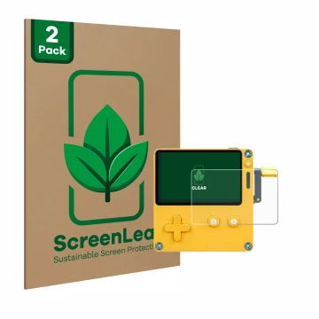 Front side of a product packaging with the brand logo ScreenLeaf. Next to it is the device Panic Playdate shown with the corre