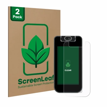 Front side of a product packaging with the brand logo ScreenLeaf. Next to it is the device Vtech KidiBuzz 3 shown with the cor