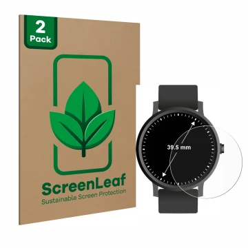 Front side of a product packaging with the brand logo ScreenLeaf. Next to it is the device Circular Displays (ø: 39.5 mm) show