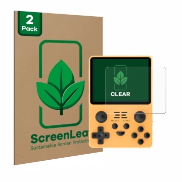 Front side of a product packaging with the brand logo ScreenLeaf. Next to it is the device Powkiddy RGB20S shown with the corr