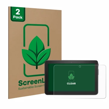 Front side of a product packaging with the brand logo ScreenLeaf. Next to it is the device Amazon Fire 7 2022 shown with the c