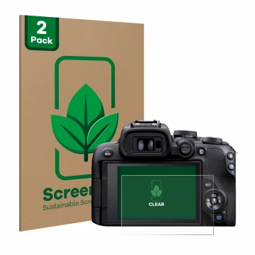 Front side of a product packaging with the brand logo ScreenLeaf. Next to it is the device Canon EOS R10 shown with the corres