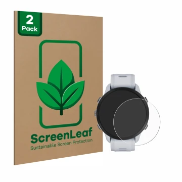 Front side of a product packaging with the brand logo ScreenLeaf. Next to it is the device Garmin Forerunner 955 Solar shown w