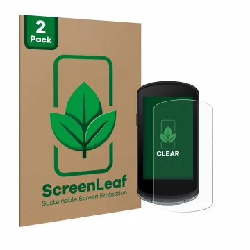 Front side of a product packaging with the brand logo ScreenLeaf. Next to it is the device Garmin Edge 1040 shown with the cor
