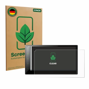 Front side of a product packaging with the brand logo ScreenLeaf. Next to it is the device Pioneer SPH-DA360DAB shown with the