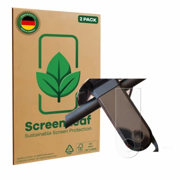 Front side of a product packaging with the brand logo ScreenLeaf. Next to it is the device NIU KQi3 Sport shown with the corre