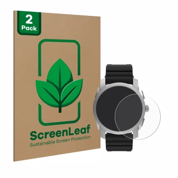 Front side of a product packaging with the brand logo ScreenLeaf. Next to it is the device Fossil Gen 6 Hybrid Machine (45mm) 