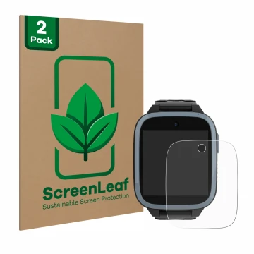 Front side of a product packaging with the brand logo ScreenLeaf. Next to it is the device Xplora XGO3 (1st Gen.) shown with t