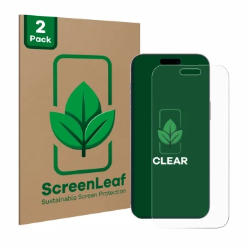 Front side of a product packaging with the brand logo ScreenLeaf. Next to it is the device Apple iPhone 14 Pro Max shown with 