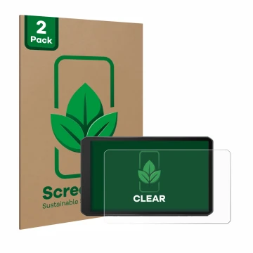 Front side of a product packaging with the brand logo ScreenLeaf. Next to it is the device Garmin dezl LGV710 shown with the c