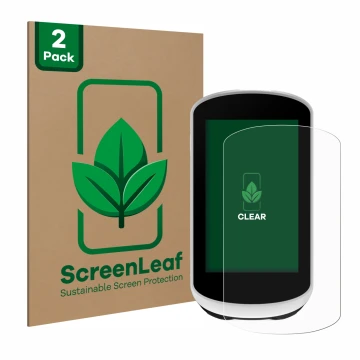 Front side of a product packaging with the brand logo ScreenLeaf. Next to it is the device Garmin Edge Explore 2 shown with th