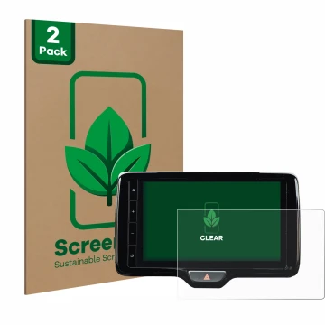 Front side of a product packaging with the brand logo ScreenLeaf. Next to it is the device Toyota Yaris Cross 2021 Smart Conne