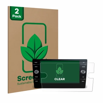 Front side of a product packaging with the brand logo ScreenLeaf. Next to it is the device Volkswagen T-Roc R Line 2022 Discov