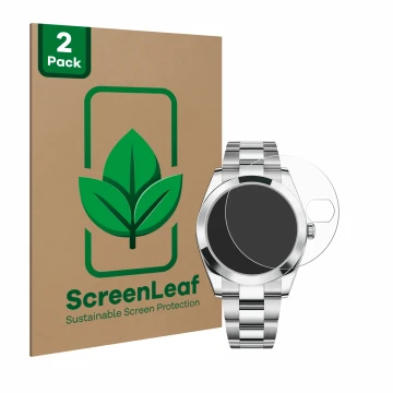 Front side of a product packaging with the brand logo ScreenLeaf. Next to it is the device Rolex Datejust 41 shown with the co