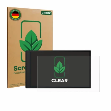 Front side of a product packaging with the brand logo ScreenLeaf. Next to it is the device Garmin DriveSmart 76 shown with the