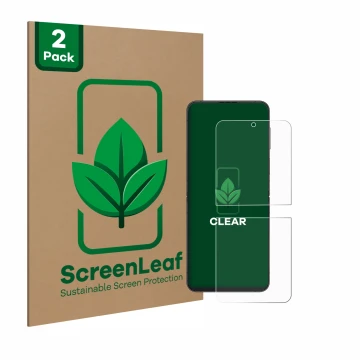 Front side of a product packaging with the brand logo ScreenLeaf. Next to it is the device Samsung Galaxy Z Flip 4 shown with 