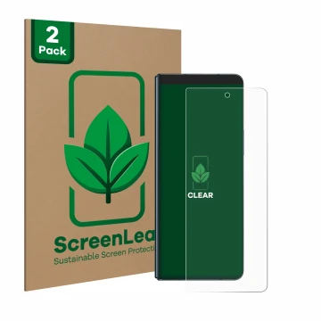Front side of a product packaging with the brand logo ScreenLeaf. Next to it is the device Samsung Galaxy Z Fold 4 shown with 