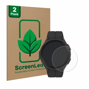 Front side of a product packaging with the brand logo ScreenLeaf. Next to it is the device Samsung Galaxy Watch 5 Pro shown wi