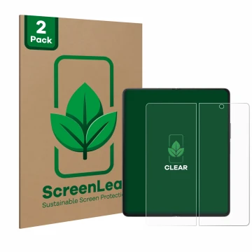 Front side of a product packaging with the brand logo ScreenLeaf. Next to it is the device Samsung Galaxy Z Fold 4 (Inner disp