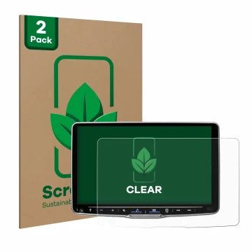 Front side of a product packaging with the brand logo ScreenLeaf. Next to it is the device Alpine iLX-F905D shown with the cor