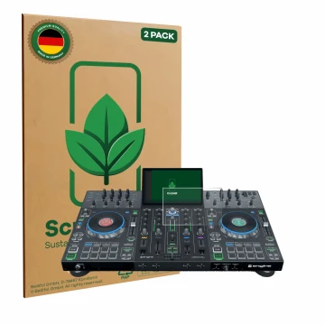 Front side of a product packaging with the brand logo ScreenLeaf. Next to it is the device Denon DJ Prime 4 shown with the cor