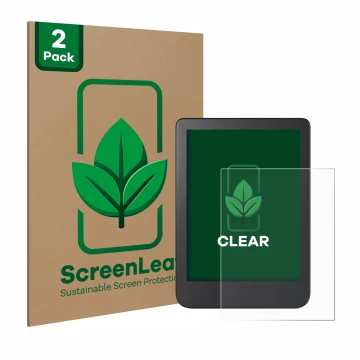 Front side of a product packaging with the brand logo ScreenLeaf. Next to it is the device Kobo Clara 2E shown with the corres