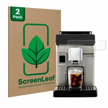 Front side of a product packaging with the brand logo ScreenLeaf. Next to it is the device DeLonghi Eletta Explore shown with 