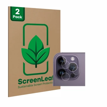 Front side of a product packaging with the brand logo ScreenLeaf. Next to it is the device Apple iPhone 14 Pro (ONLY Camera Le