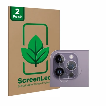 Front side of a product packaging with the brand logo ScreenLeaf. Next to it is the device Apple iPhone 14 Pro Max (ONLY Camer