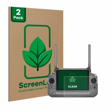 Front side of a product packaging with the brand logo ScreenLeaf. Next to it is the device DJI RC Plus shown with the correspo
