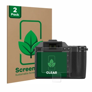 Front side of a product packaging with the brand logo ScreenLeaf. Next to it is the device Hasselblad X2D 100C shown with the 