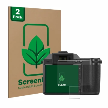 Front side of a product packaging with the brand logo ScreenLeaf. Next to it is the device Fujifilm X-H2 shown with the corres